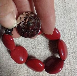 Red beads leather cord silvertone follow your passion button closure bracelet